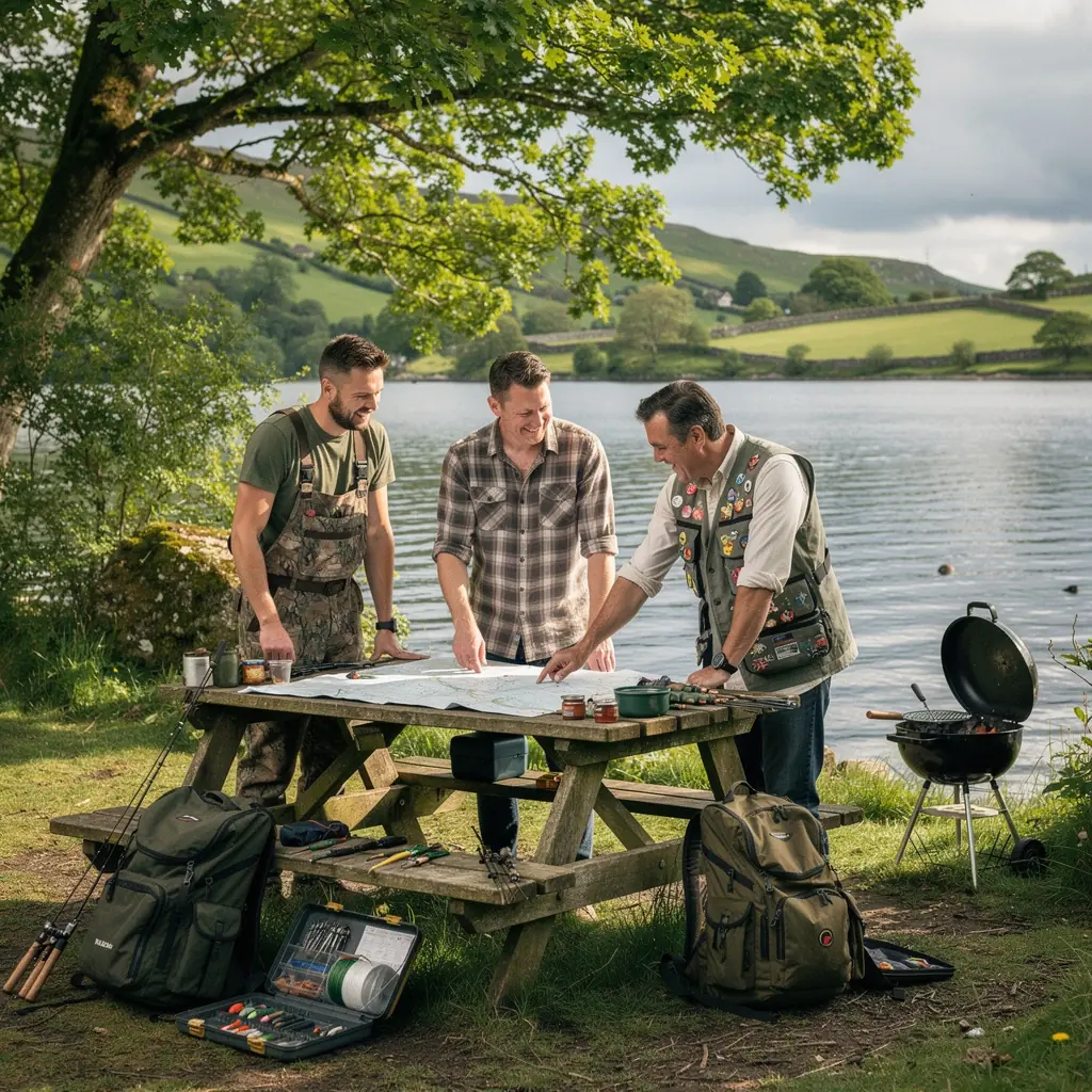 A detailed guidebook featuring seasonal fishing tips and gear recommendations, resting on a fishing kayak.