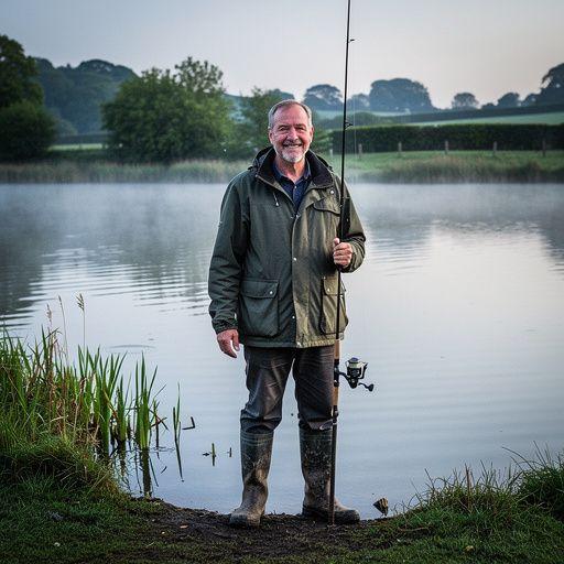 A fisherman casting a line into a serene lake during sunrise.